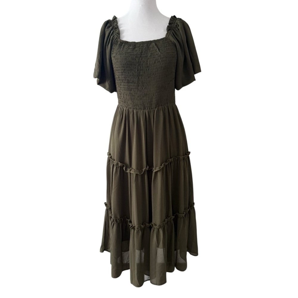 Lillusory Flutter Sleeve Square Neck Smocked Midi Dress Olive Green NWOT